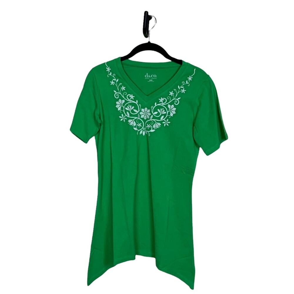 Denim + Company Short Sleeve Sharkbite Tunic Cotton Knit Shirt Green Size XXS